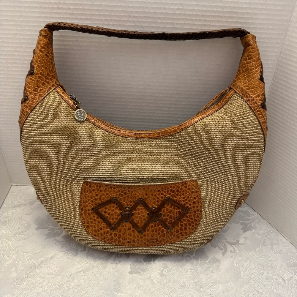 Eric Javits Squished Bel Air Straw Purse‎ Bag Brown Leather Designer Well Made
